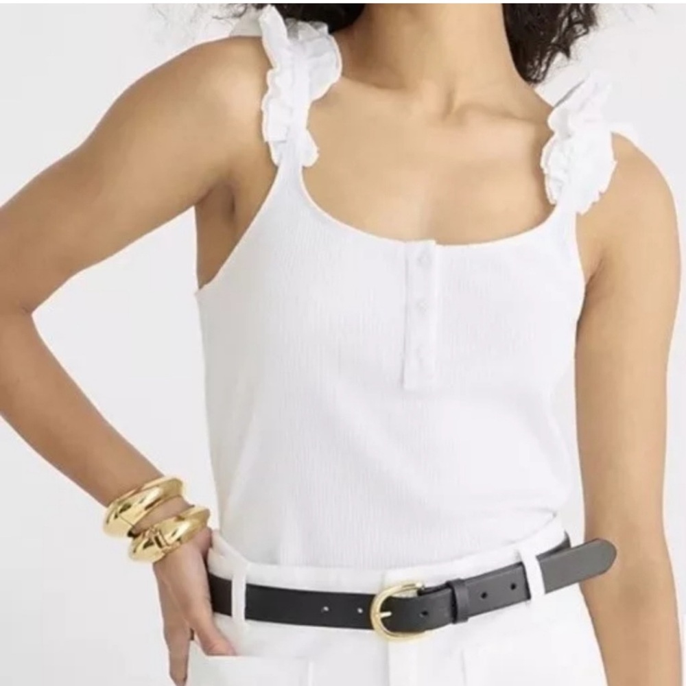NWT J. Crew White Ruffle Strap Ribbed Tank Top With Button Up. M